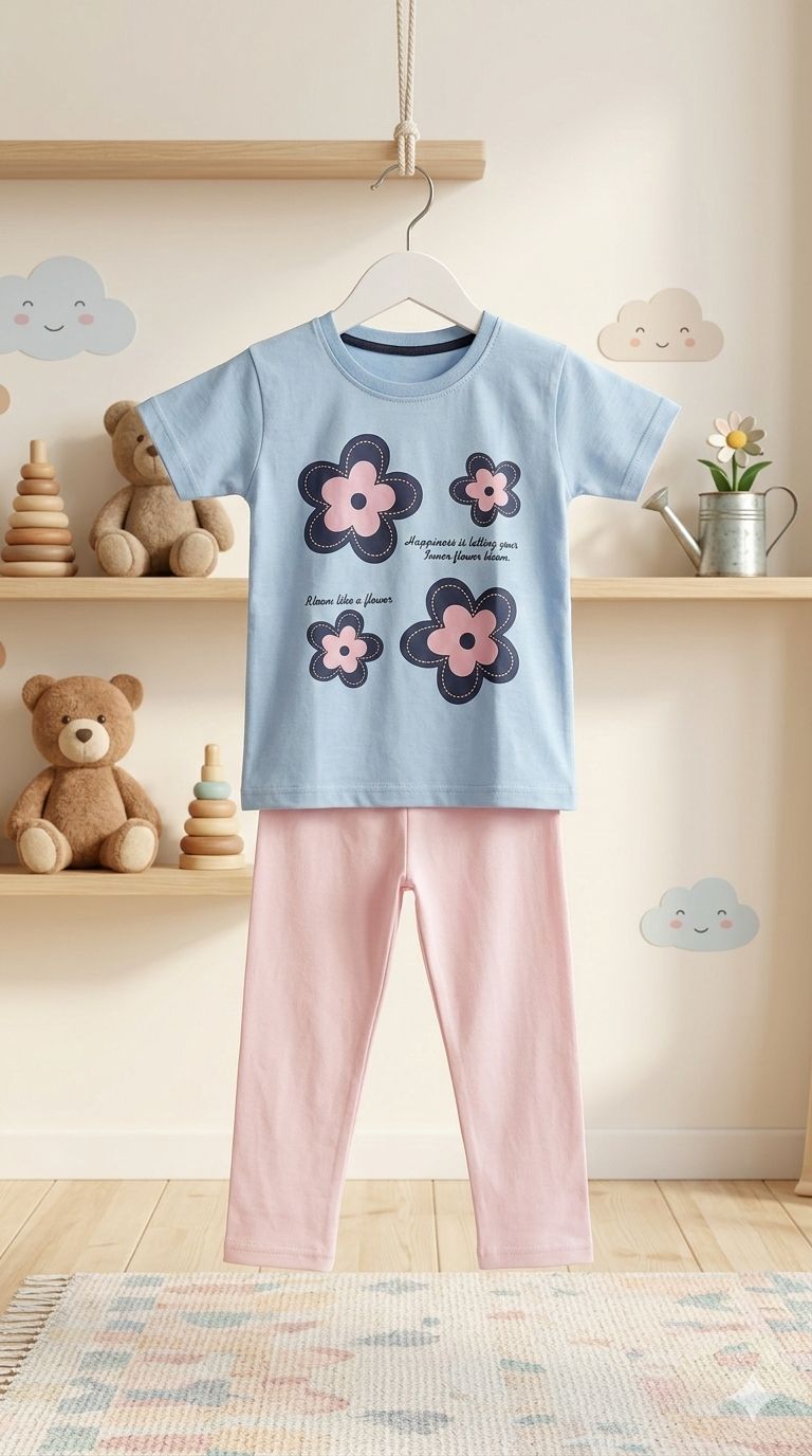 Cute Floral Kids T-Shirt & Trouser Set – Soft Cotton Summer Outfit for Girls
